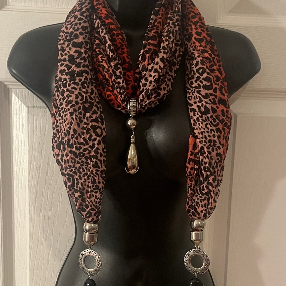Leopard Print Scarf with Silver Tone Accents